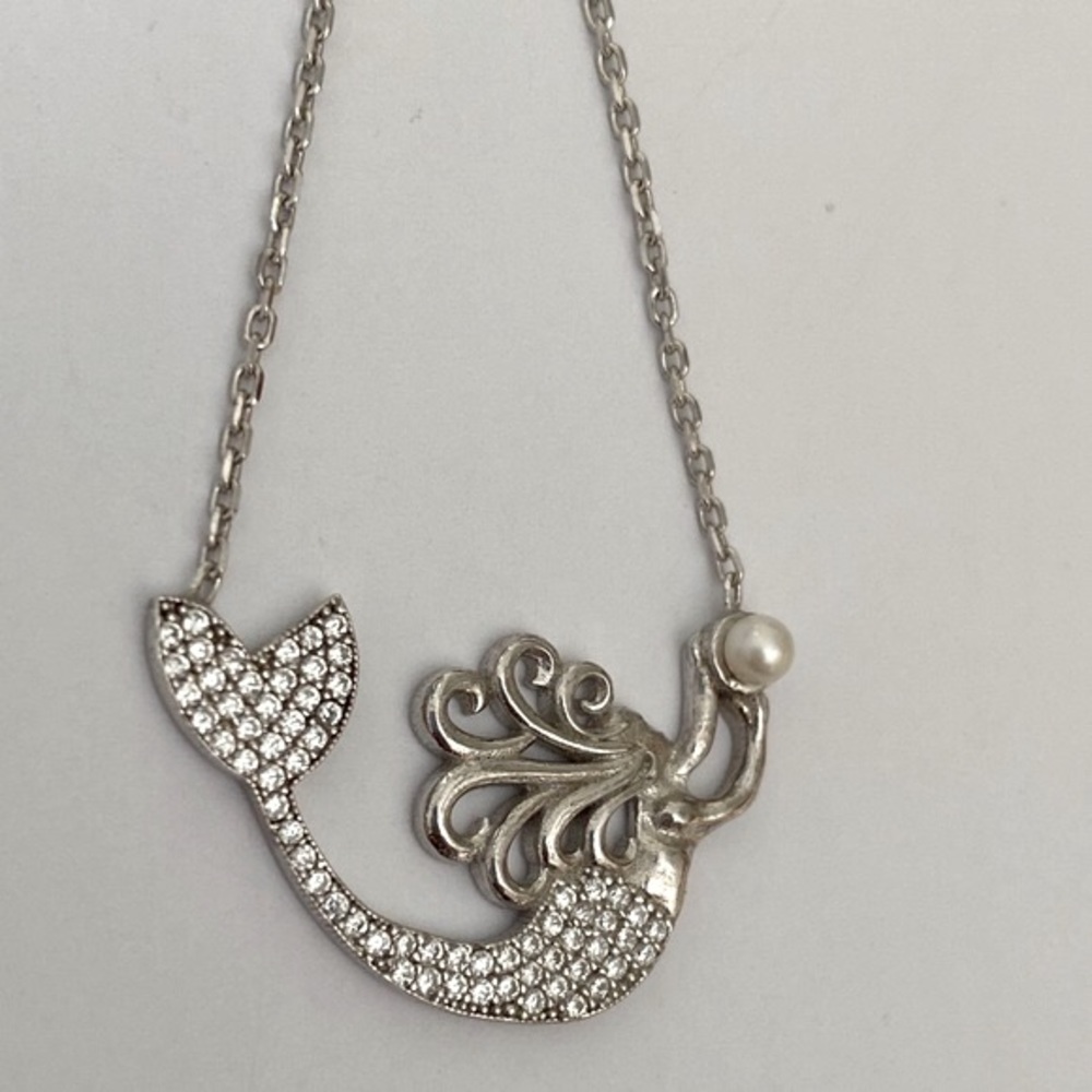 🧜♀️ Pearl mermaid 925 silver necklace clear cubic zirconia cz stones